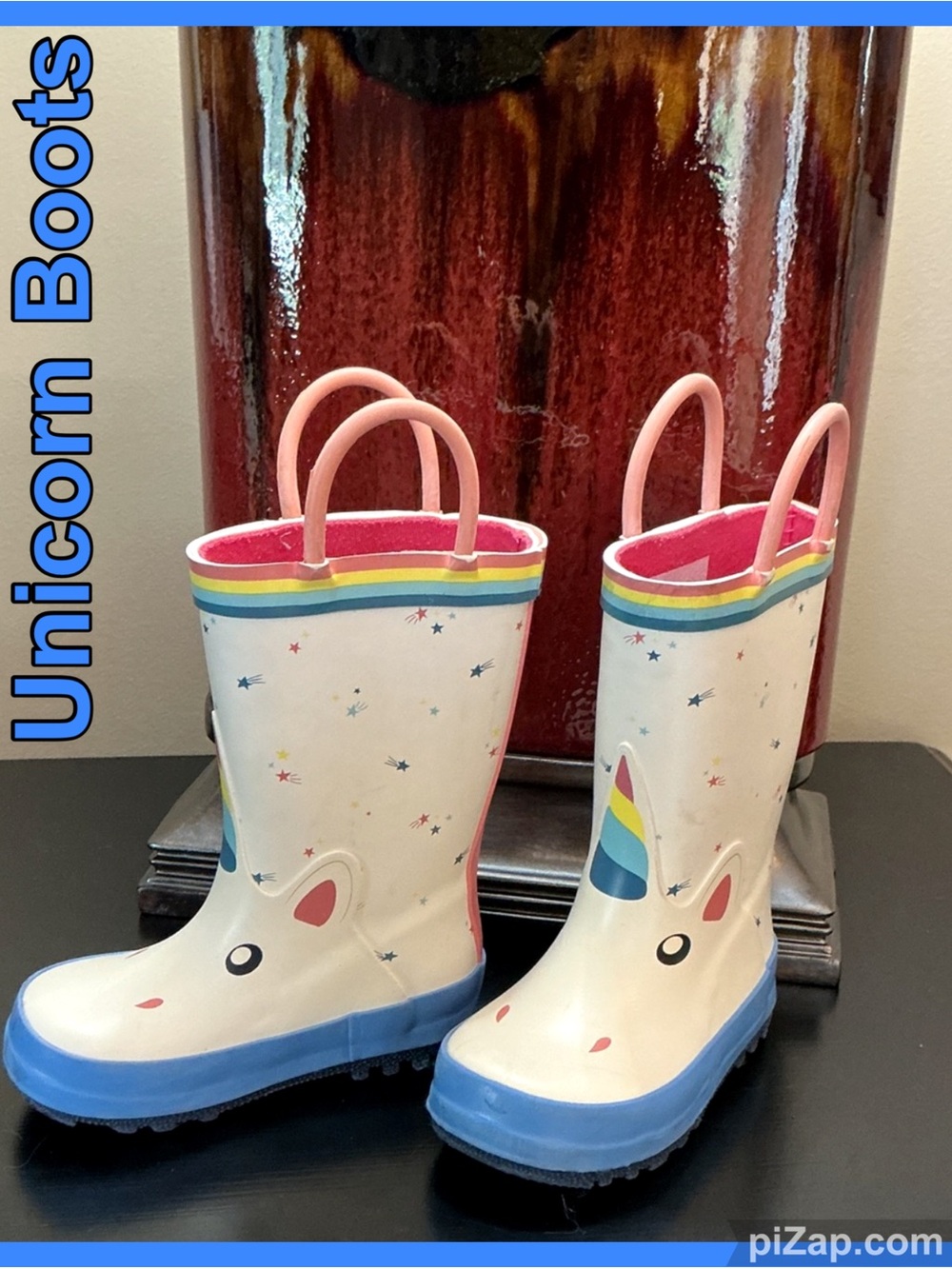 🦄 Kids Unicorn Rain Boots “Wellies” w/Rainbow Trim & Loop Pull-up Straps - Sz
